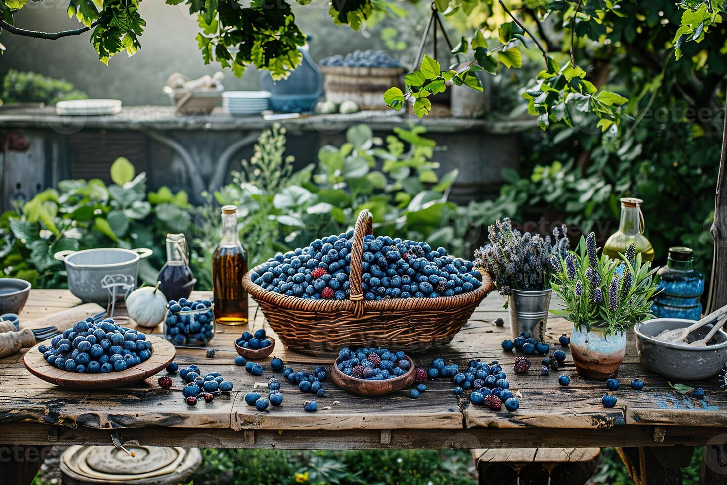AI generated Ripe blueberries arranged on a rustic wooden table, surrounded by the lush greenery of a summer's day. Generative AI. photo
