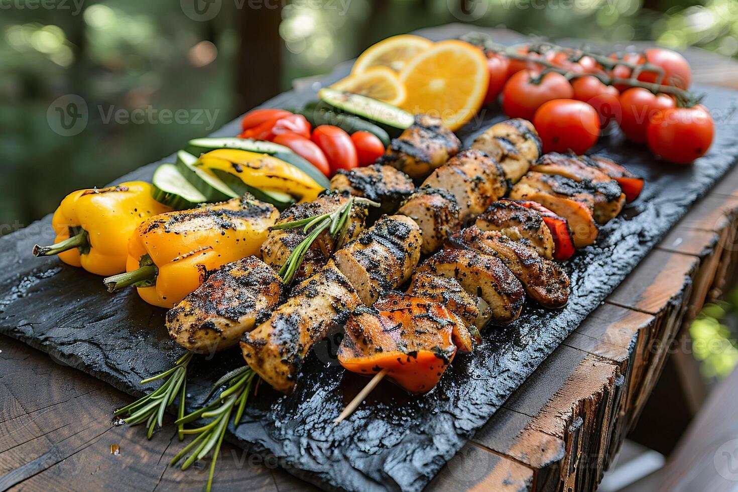 ai generado A la parrilla pollo brochetas acompañado por un vistoso selección de carbonizado verduras, presentado en un rústico pizarra tablero. generativo ai. foto