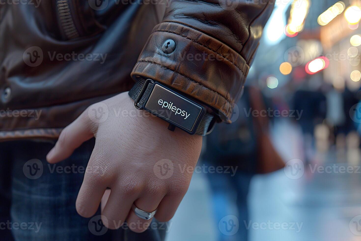 AI generated Close-up of a leather-clad arm wearing a wristband labeled epilepsy. Generative AI. photo