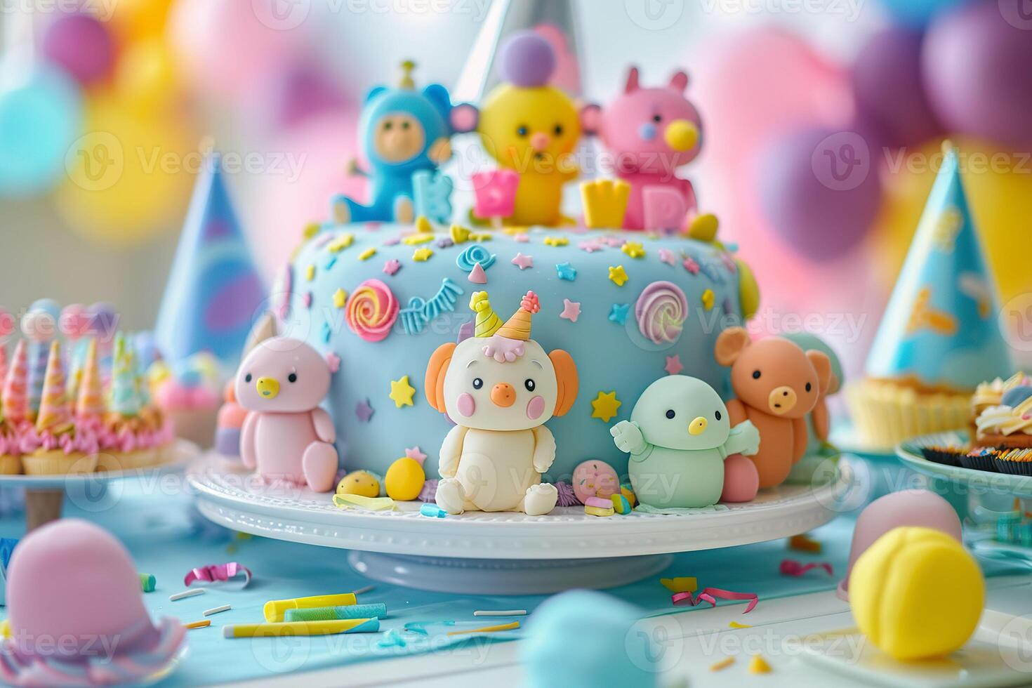 AI generated A delightfully whimsical cake featuring cute cartoon characters, vibrant icing swirls, and playful decorations. Generative AI. photo