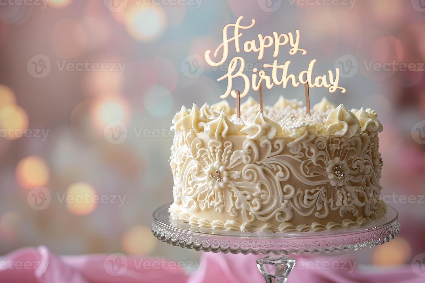 AI generated An elegant birthday cake with intricate white piping and 'Happy Birthday' lettering, presented on a glass stand. Generative AI. photo