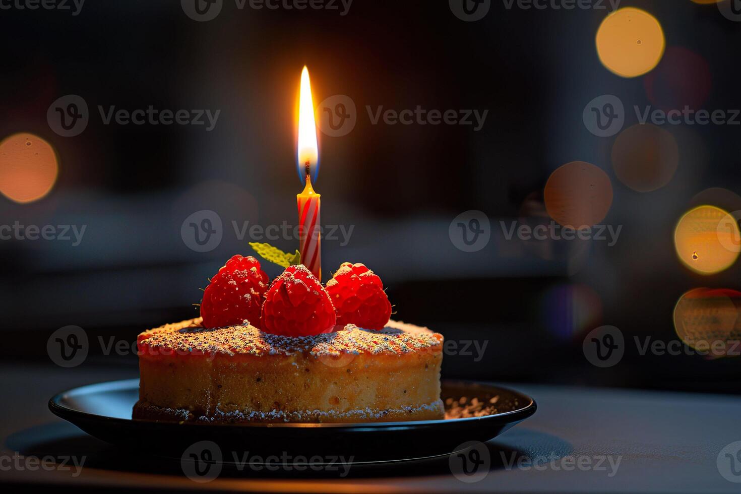 AI generated A birthday tart crowned with fresh raspberries and a single glowing candle with festive bokeh lights background. Generative AI. photo