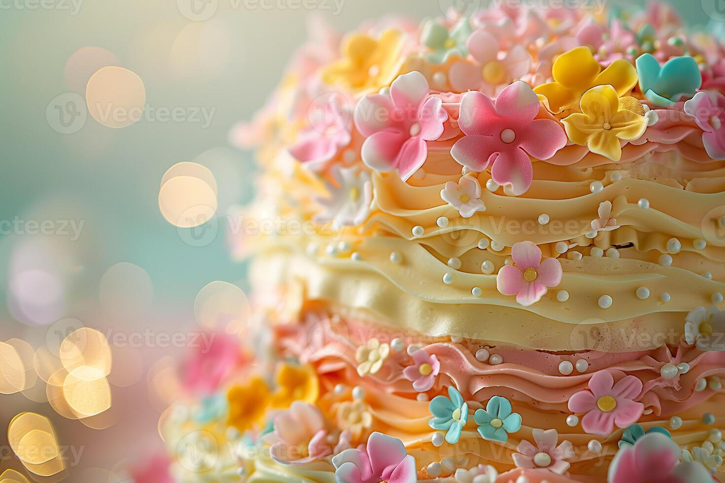 AI generated Pastel floral fantasy cake. Generative AI. photo