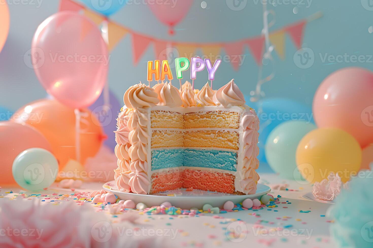 AI generated A festive and vibrant birthday cake, adorned with 'HAPPY' candles, set against a backdrop of cheerful balloons and confetti. Generative AI. photo