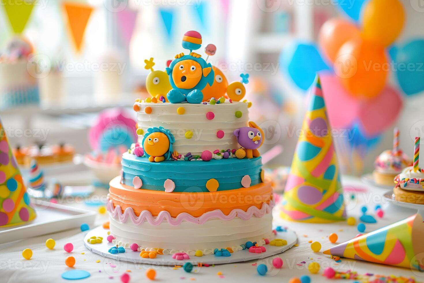 AI generated A playful, multi-tiered cake adorned with lively fondant creatures, candy embellishments, and a burst of colors. Generative AI. photo