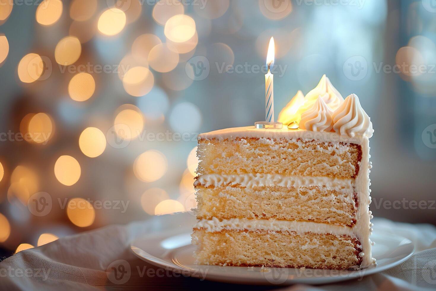 AI generated A slice of a classic birthday cake topped with creamy frosting and colorful sprinkles. Generative AI. photo
