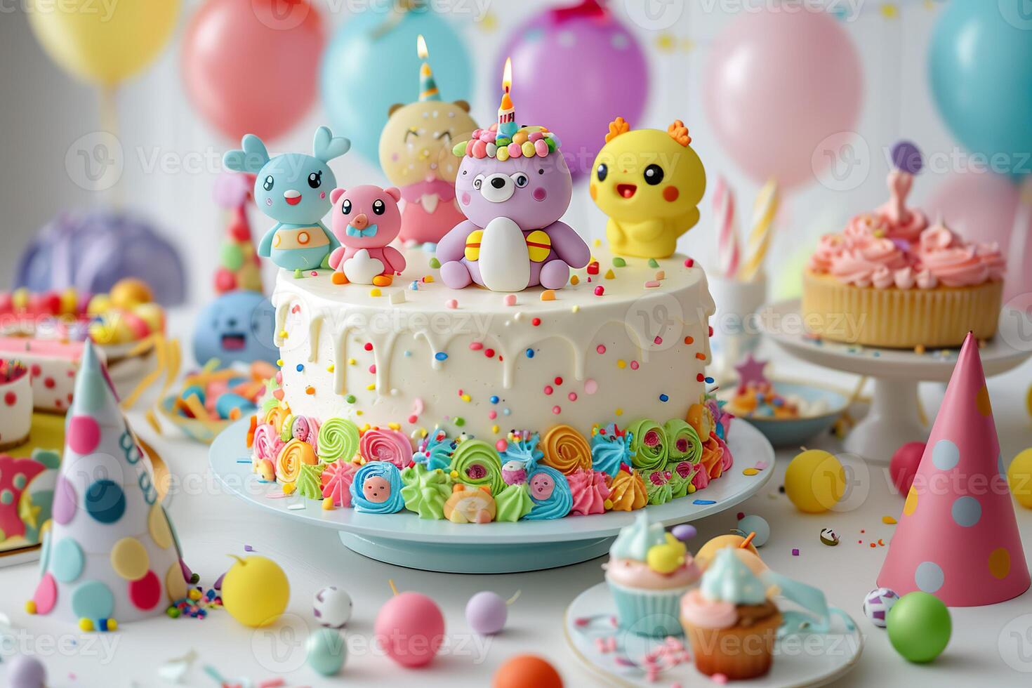 AI generated A playful and colorful birthday cake adorned with charming fondant characters and vibrant decorations. Generative AI. photo