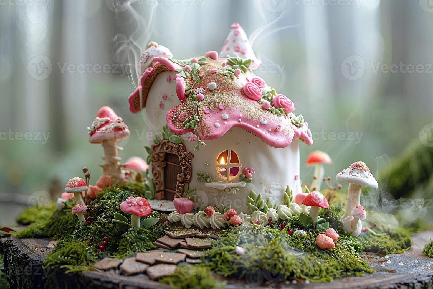 AI generated An enchanting cake sculpted into a fairy tale cottage, complete with a glowing window and surrounded by a mystical forest of sugary mushrooms and foliage. Generative AI. photo
