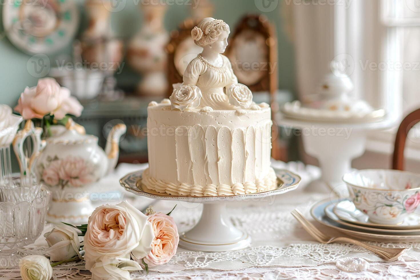 AI generated A birthday crafted cake, topped with a porcelain figurine set against a backdrop of vintage teaware and pastel roses. Generative AI. photo
