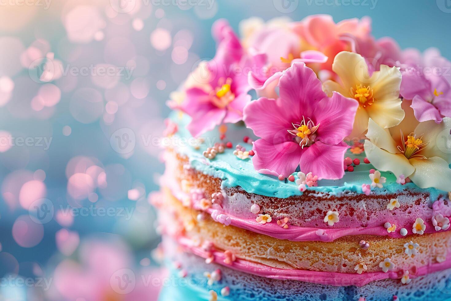AI generated A floral fantasy, vibrant blossom cake. Generative AI. photo