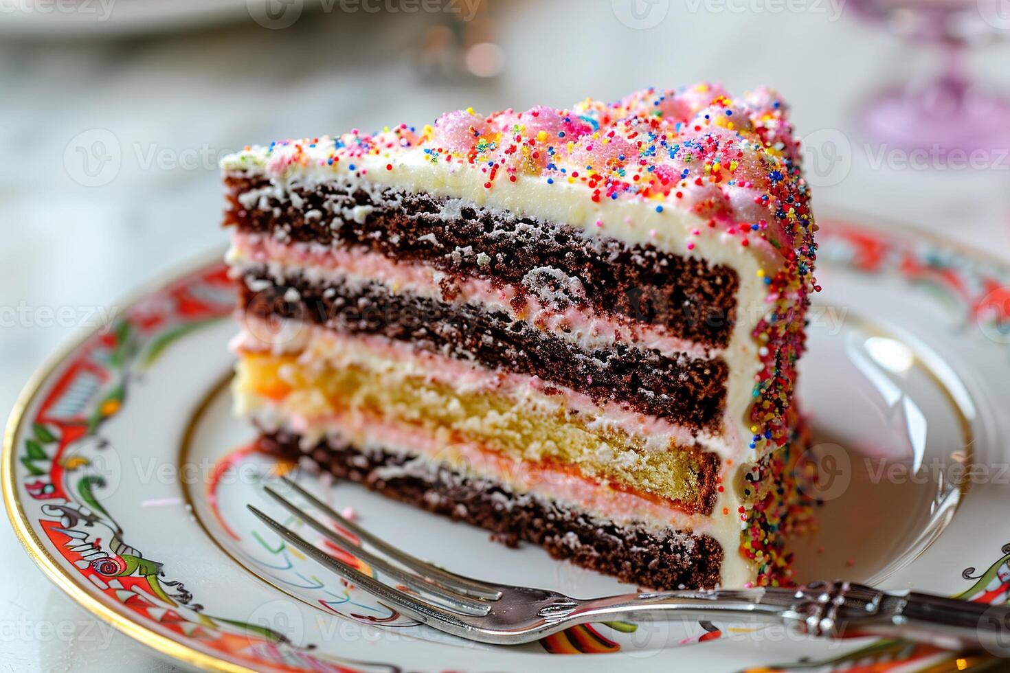AI generated A close-up of a birthday cake slice with layers of colorful frosting and a fork on the side. Generative AI. photo