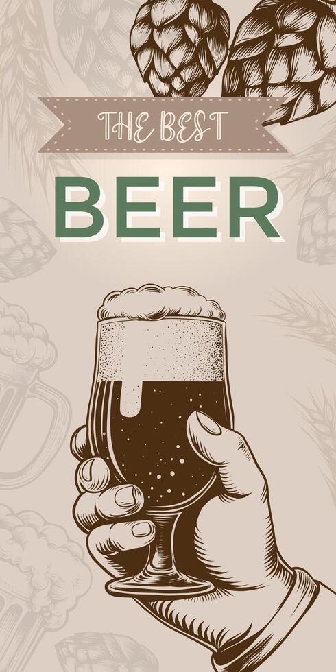 Hand holding Beer glass. Vintage poster for brewery, pub, beer festival. Retro design with hops branch engraving sketch style, vector illustration.