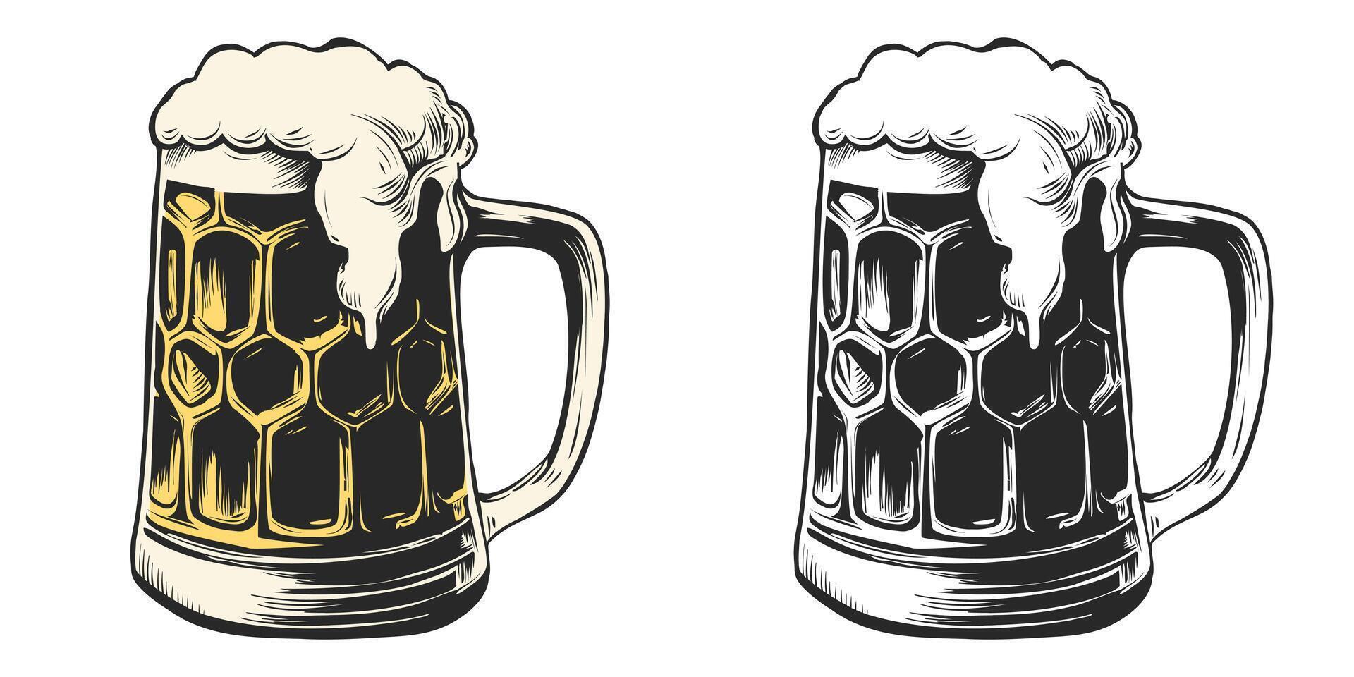 Vector set of beer mugs in ink hand drawn engraving style. isolated on white. Retro sketch for web, poster, invitation to party and oktoberfest festival.