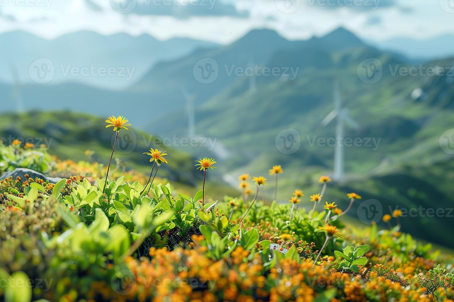 AI generated Wildflowers and wind energy. Generative AI. photo