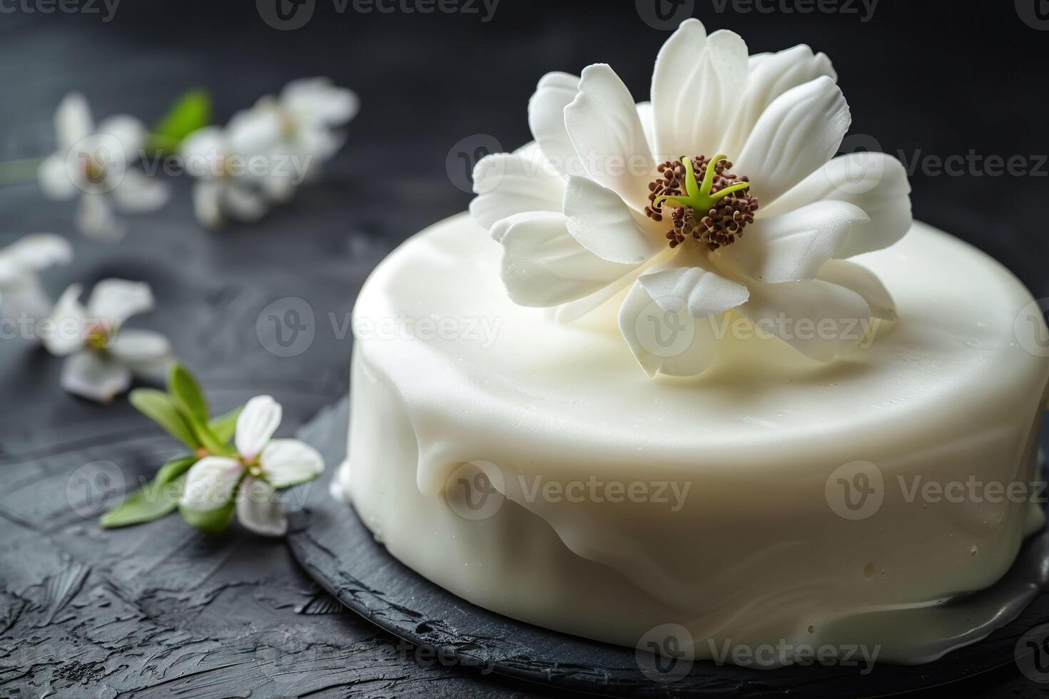 AI generated An exquisite cake featuring smooth white icing and a delicate, realistic sugar magnolia flower. Generative AI. photo
