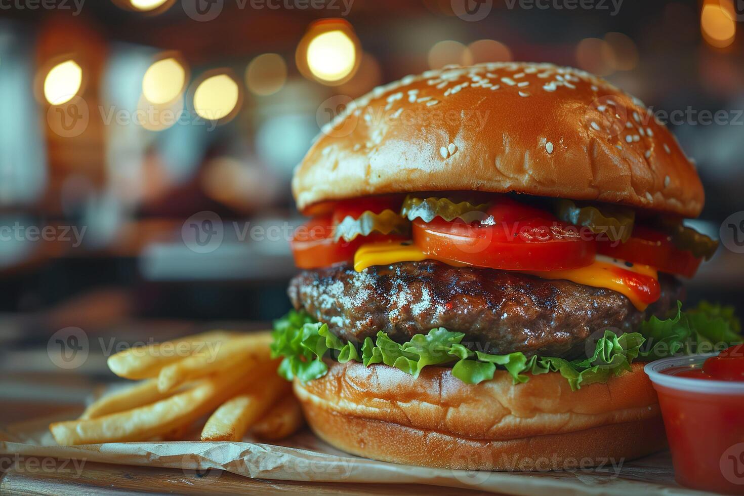 AI generated Close-up image of classic American-style cheeseburger with a side of golden frence fries and small bowl of ketchup. Generative AI. photo