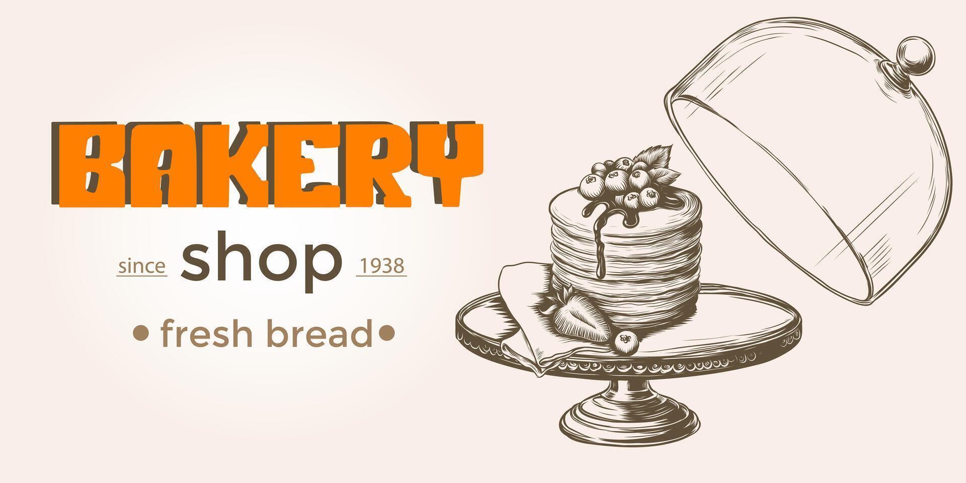 Bakery background with appetizing pancakes with blueberry, raspberry and syrup. hand drawn vector illustration with stack of pancakes under glass dome. Linear graphic