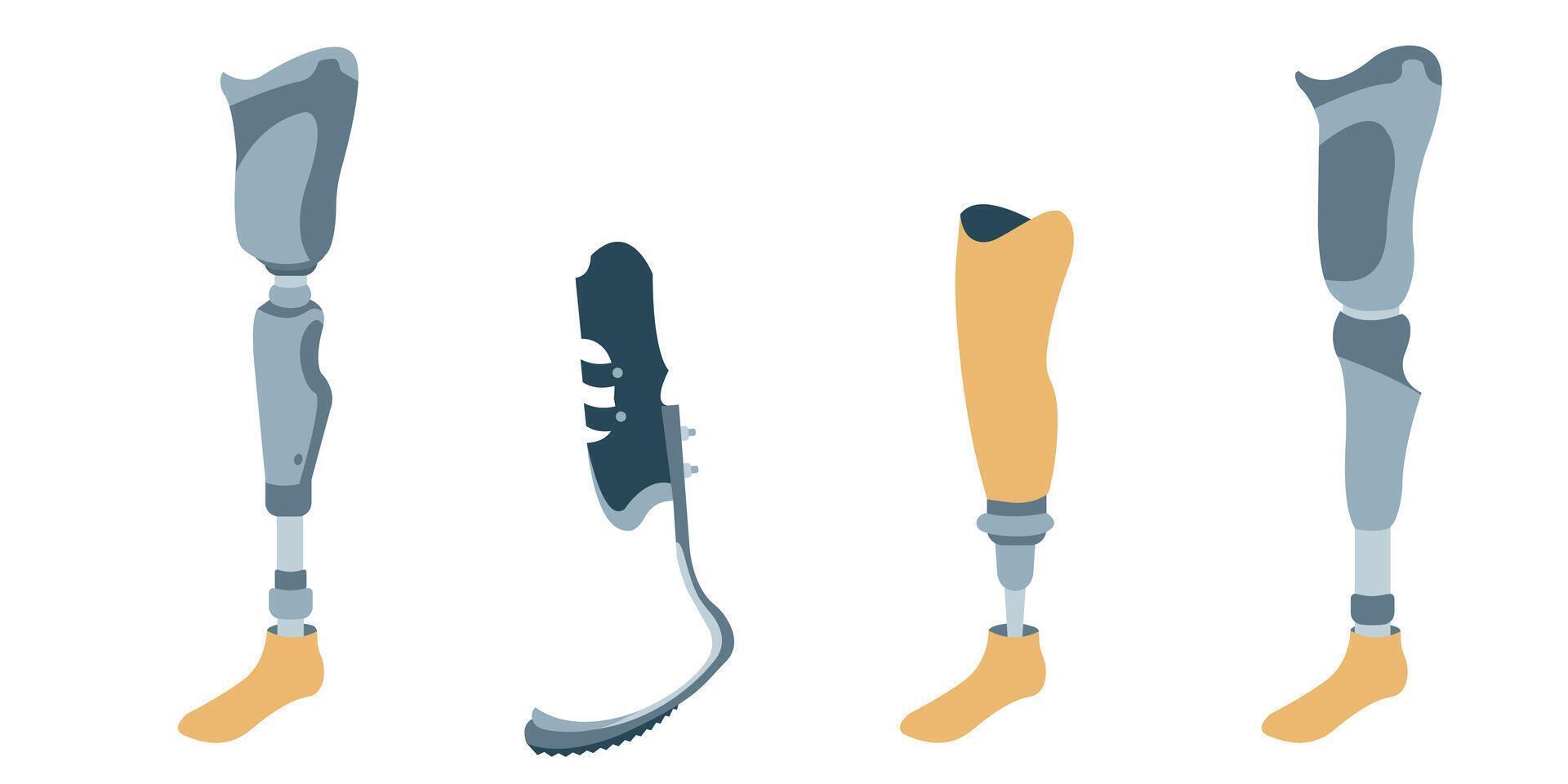 set of futuristic prostheses for people. Metal bionic prosthetic leg collection in flat style. Vector illustration on white background.