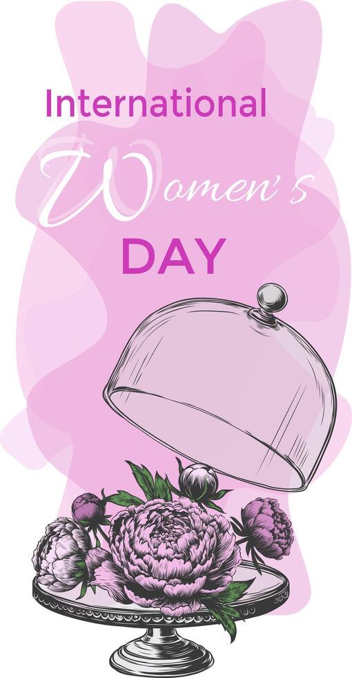 8 march. International Women's Day. Vector card. Hand drawn peonies and leaves illustration in engraving style. Spring vintage flowers.