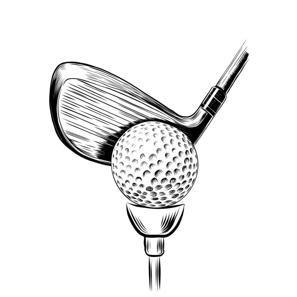 Golf Equipments. White Golf Ball on White Tee and Golf Club. Vector Illustration Isolated on White Background. Vintage Engraving sketch. woodcut
