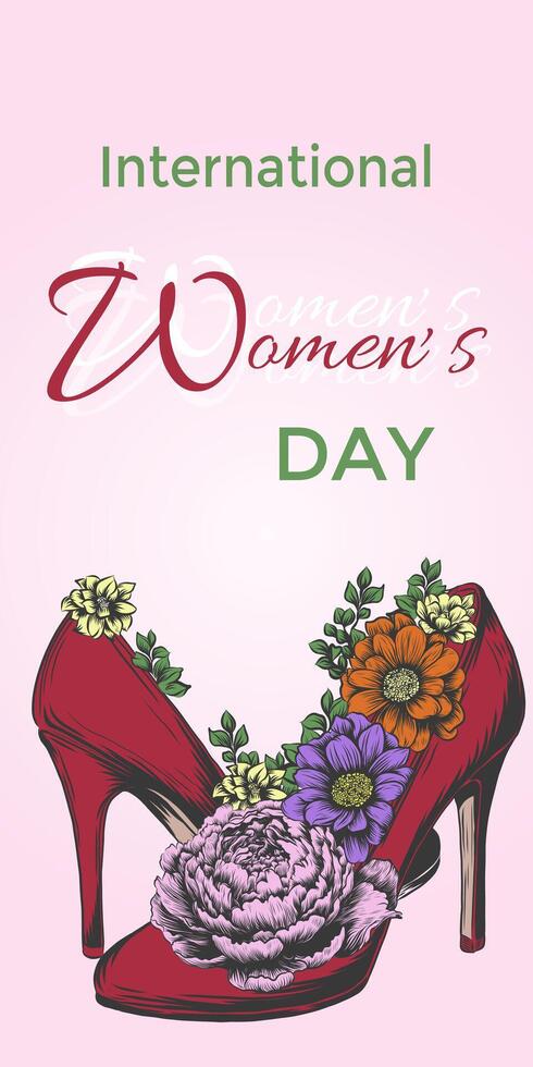 hermosa de moda saludo tarjetas para 8 marzo. internacional De las mujeres día. rojo alto tacones con florecer flores adentro. Clásico lineal gráfico. vector