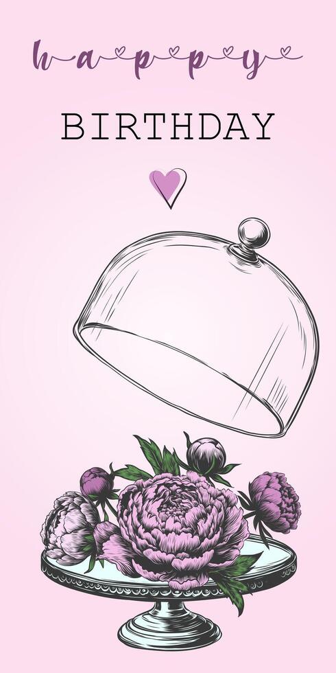 Clásico lujo tarjeta con detallado mano dibujado flores floreciente peonías debajo vaso tapa. vector grabado bosquejo estilo. lineal gráfico.