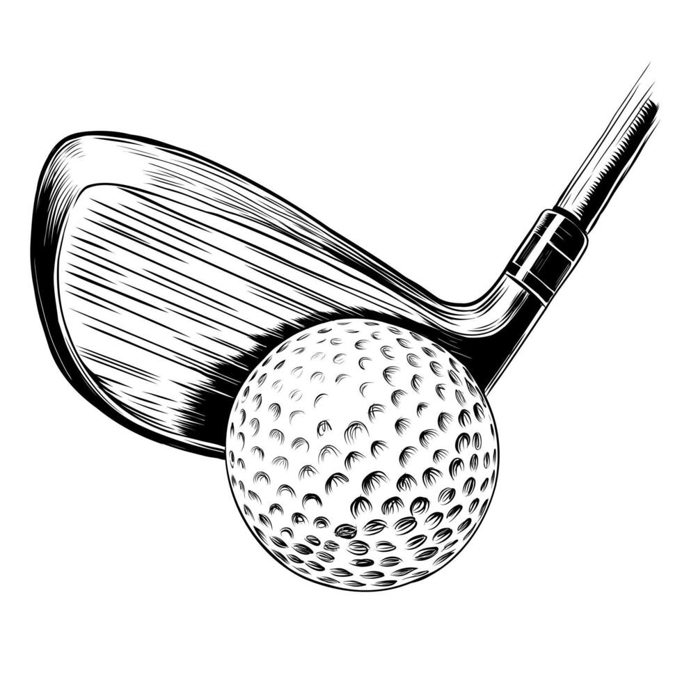 Golf club and ball engraving sketch. Golfing sport tournament. Golfer sports game league, golf championship on professional course, competition. Vector illustration isolated on white