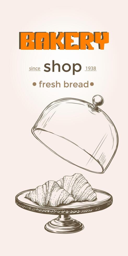 Bakery background. Linear graphic. French croissants on plate with glass dome tray. Bread house. Vector illustration in engraving imitation style.