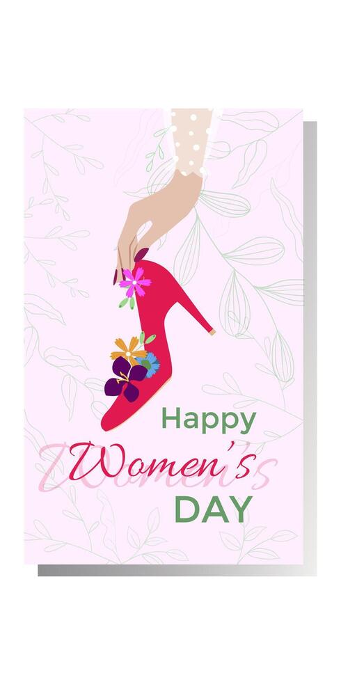 International Women's Day Card, poster. Female hand holding heeled shoe with flowers inside. Heels with blooming flowers. 2024 vector