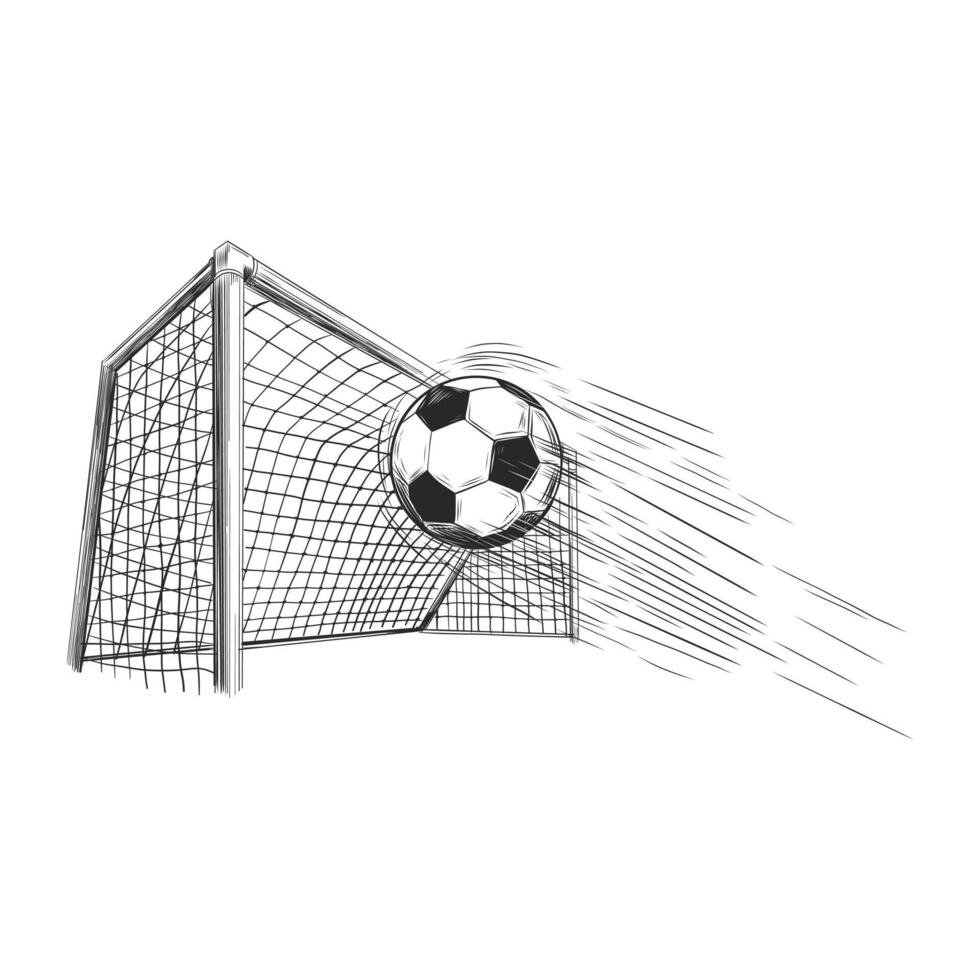 soccer ball goal came in the gate. soccer football ball in goal net sketch engraving vector illustration isolated on white. win, sports game, competition, winner, match. football competition 2024