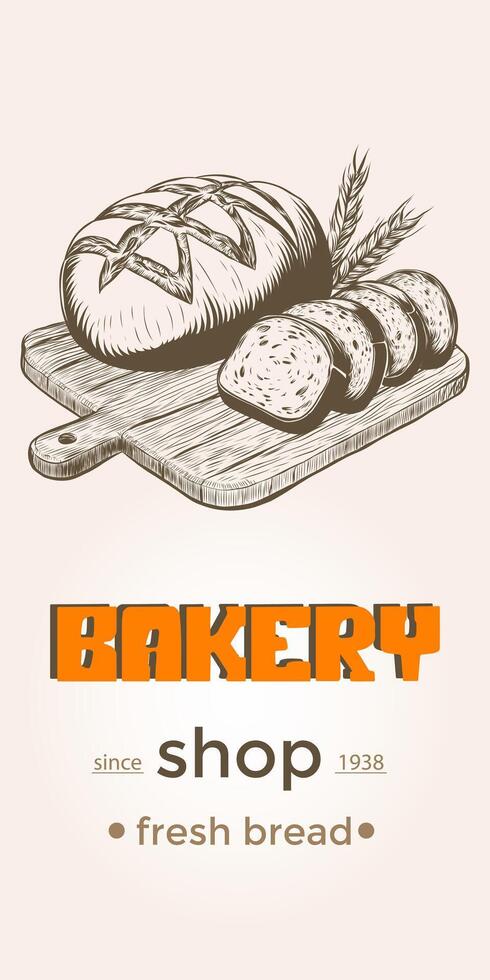 Vintage Bakery shop template banner background with loaf of bread on wooden cutting board. hand drawn engraving sketch illustration vector