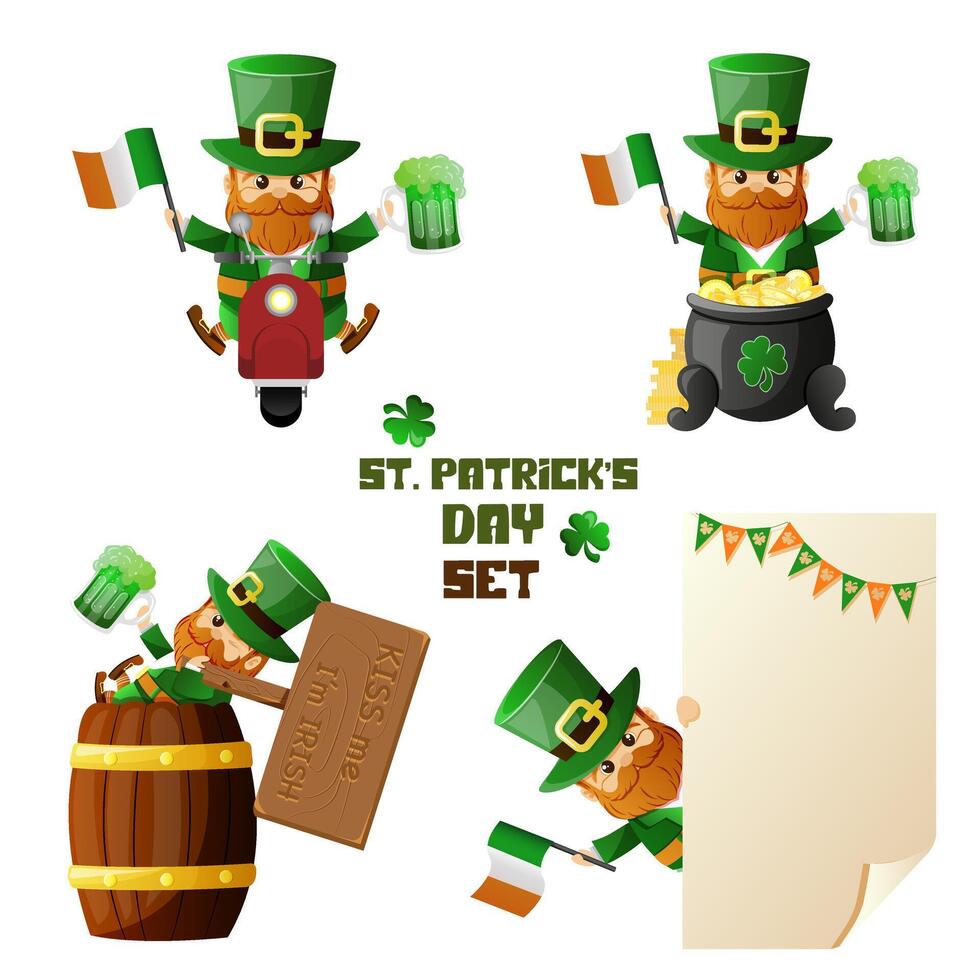 Set for Saint Patrick's day. National Irish hero. Vector illustration isolated on white background. Cartoon Leprechaun different poses collection