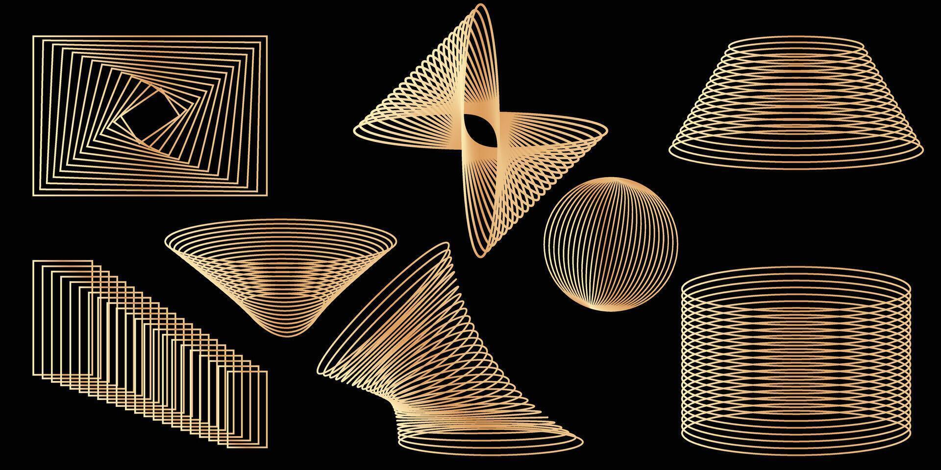 Decorative golden shapes set. Bauhaus inspired graphic design collection with abstract vector elements, lines and forms for poster art, front page design, wall decorative prints.