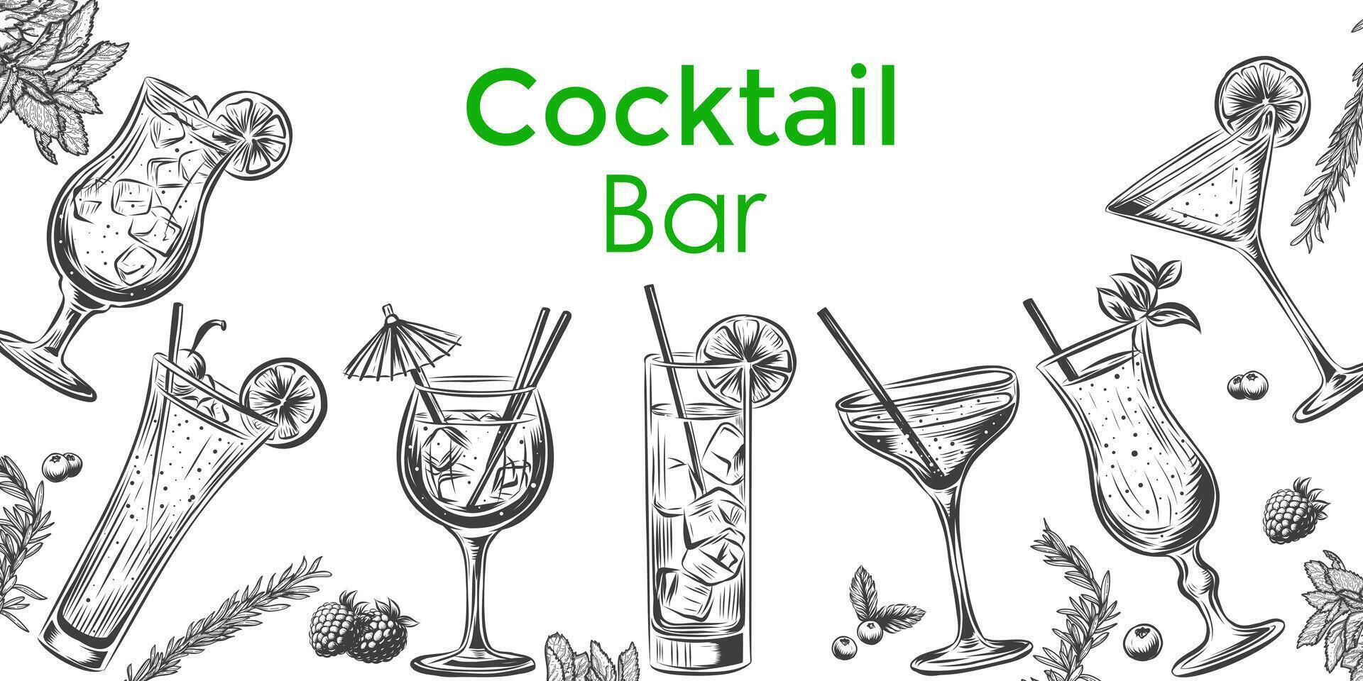 Vector design with hand drawn alcoholic drinks illustration. Vintage beverages sketch background in engraving style. Retro menu template for cafe or restaurant. Different cocktails in glasses