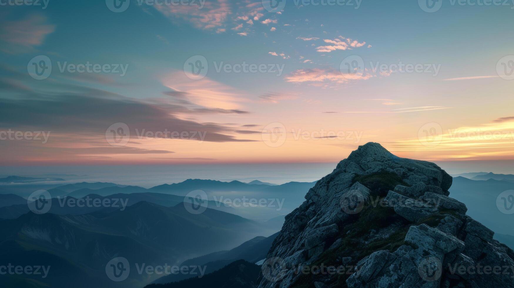 AI generated a sunrise over misty mountains with a rocky peak in the foreground. photo