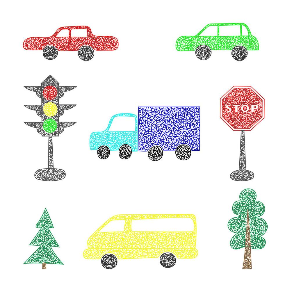 Set of hand drawn different cars isolated on white background in childrens naive style. vector