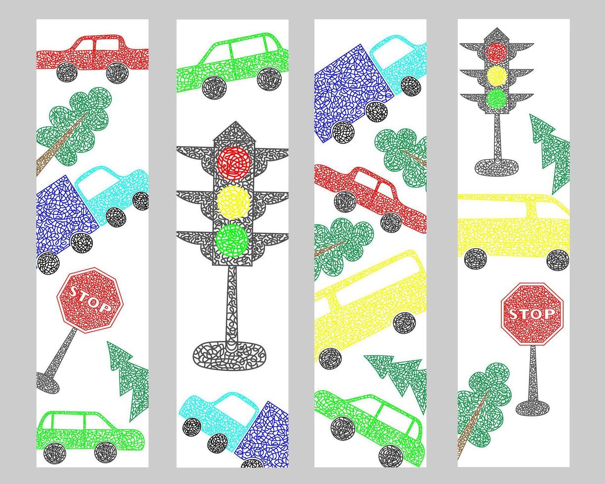 Set bookmarks with hand drawn cars on white background in childrens naive style. vector