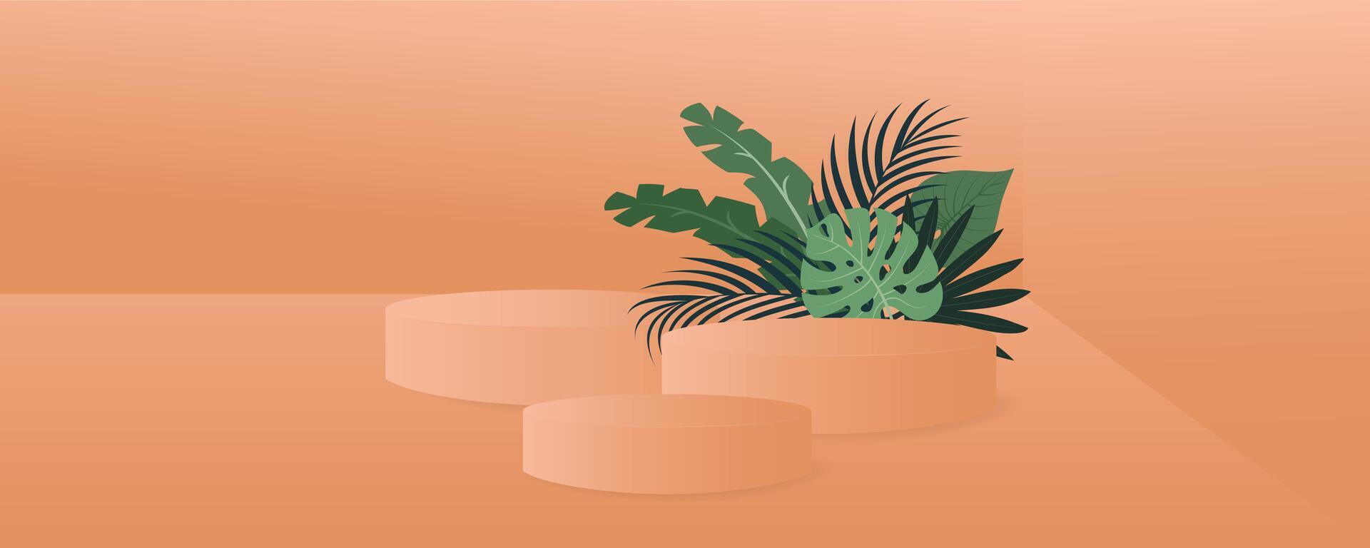 Abstract background in trendy color 2024 Apricot Crush with tropical leaves and  three stands, podium, pedestal. vector