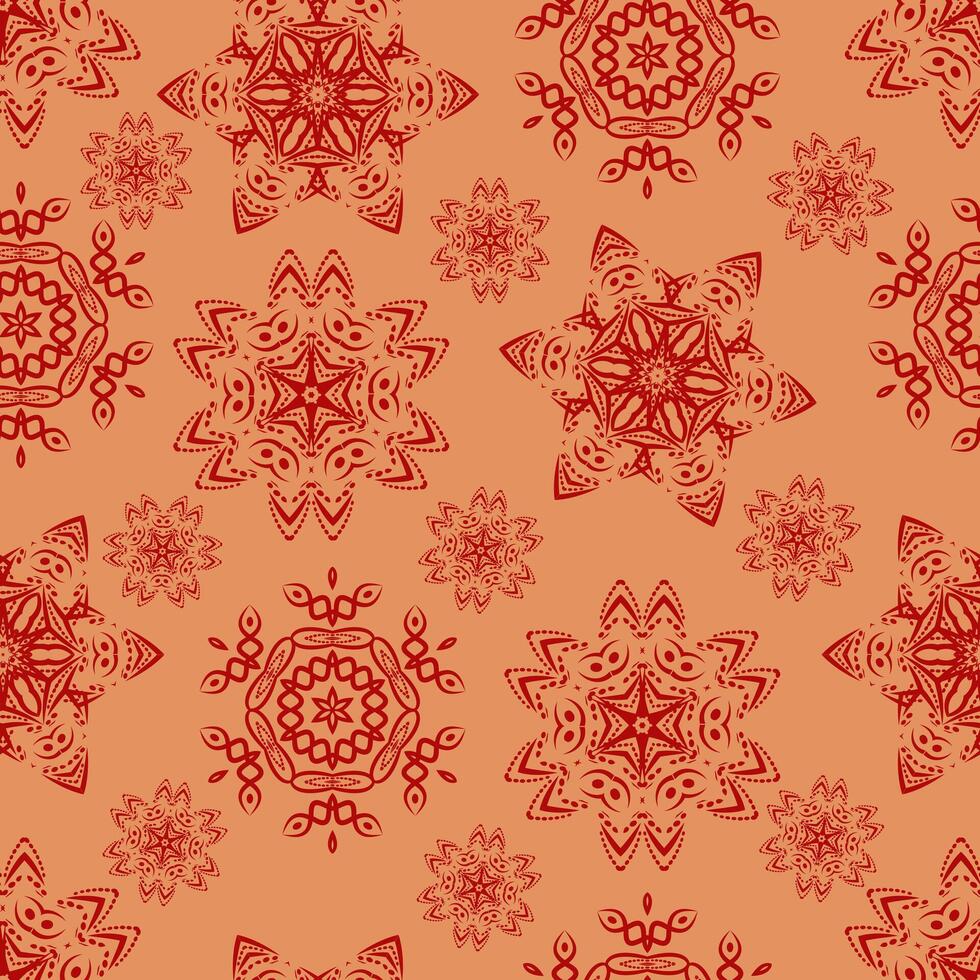 Seamless pattern with snowflakes in trendy color of the year 2024 Apricot Crush. New year and Christmas design. vector