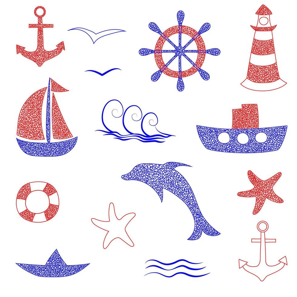 Set of hand drawn anchor, dolphin, ship, lighthouse, sailboat, hand wheel, helm isolated on white background in childrens naive style. vector