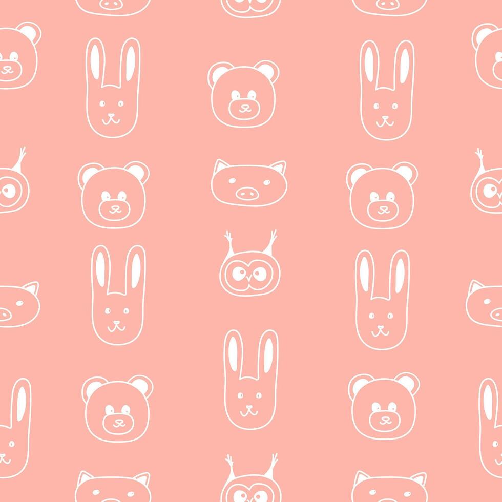 Seamless pattern with hand drawn face of rabbit, hare, pig, owl, bear in naive style. vector