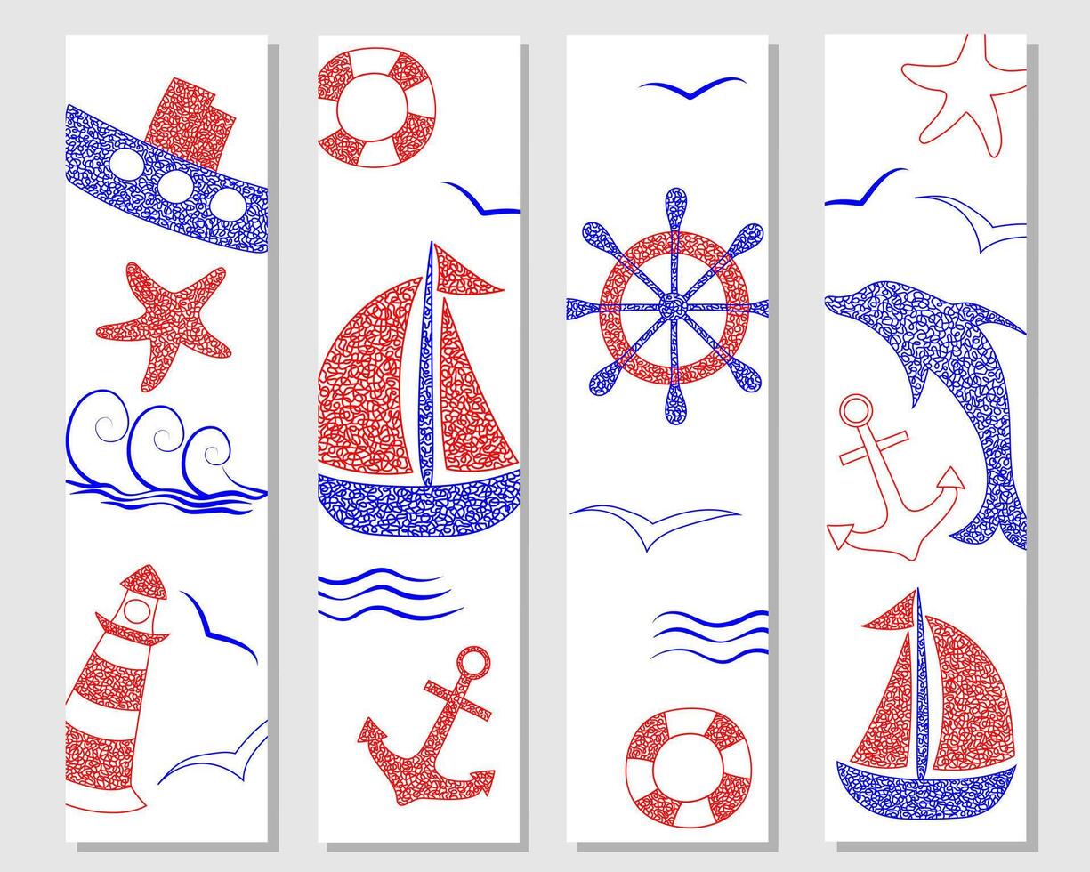 Set of hand drawn bookmarks with anchor, dolphin, ship, lighthouse, sailboat, hand wheel, helm on white background in childrens naive style. vector
