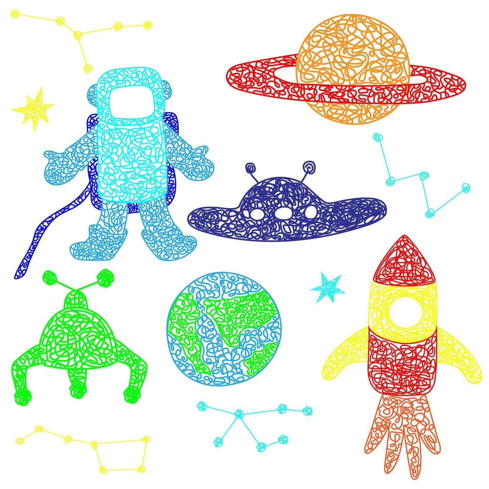 Set of hand drawn stars, flying sauer, planet, mars rover, rocket, earth planet,constellations isolated on white background in childrens naive style. vector