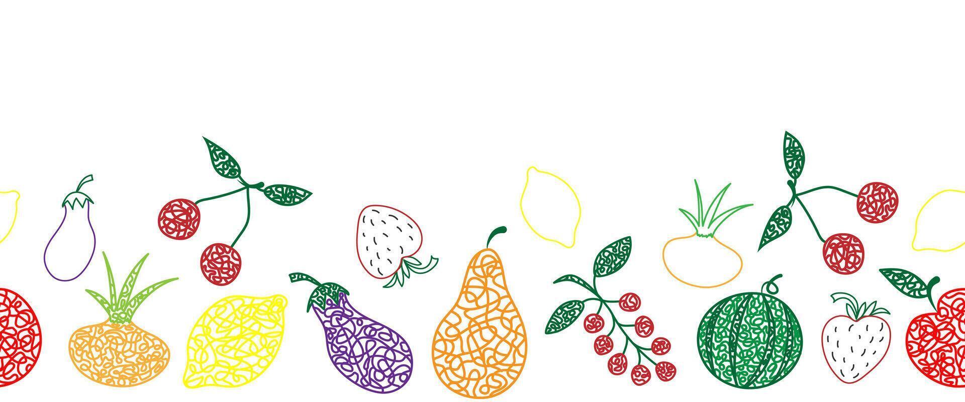 Seamless pattern border with hand drawn watermelon, cherry, apple, pear, lemon, strawberry, eggplant, currant, onion on white background in childrens naive style. vector