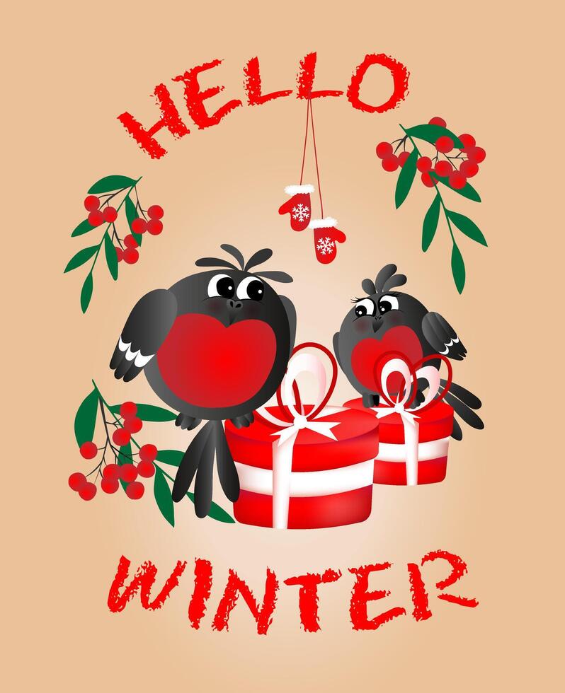 Greeting postcard. Happy new year and Merry Christmas with cute, funny family of bullfinches. You can change the text. vector