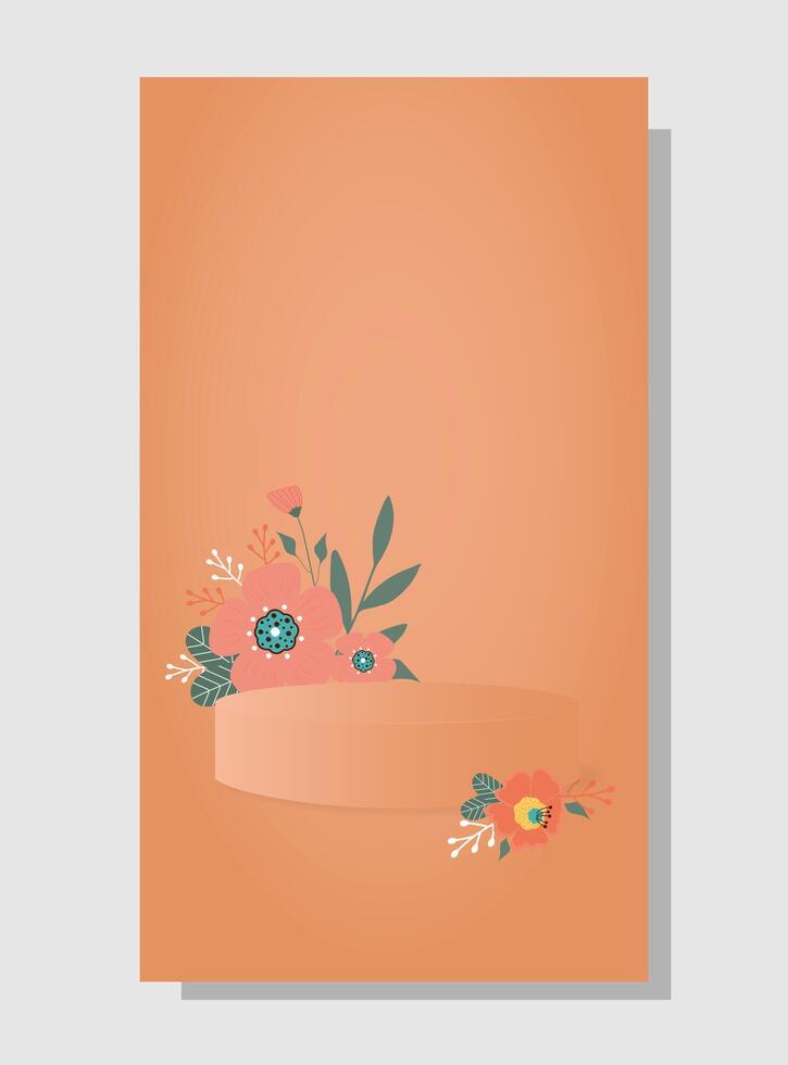 Abstract background in trendy color 2024 Apricot Crush with flowers and stand podium, pedestal. vector