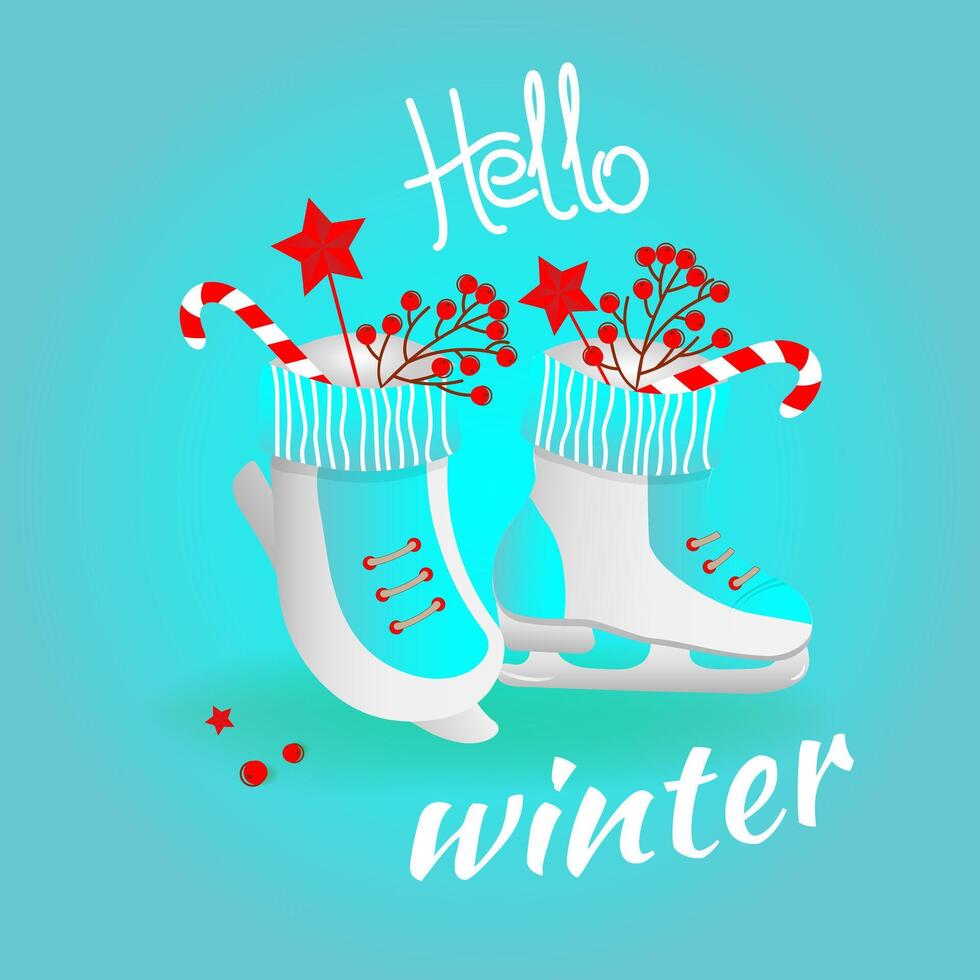 Hola invierno. postal de invierno con patines, bastón de caramelo, estrellas sobre fondo blanco. vector