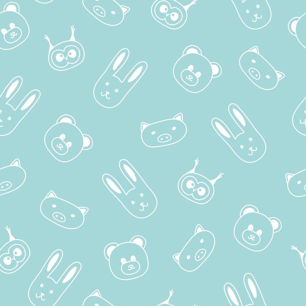 Seamless pattern with hand drawn face of rabbit, hare, pig, owl, teddy bear in naive style. vector