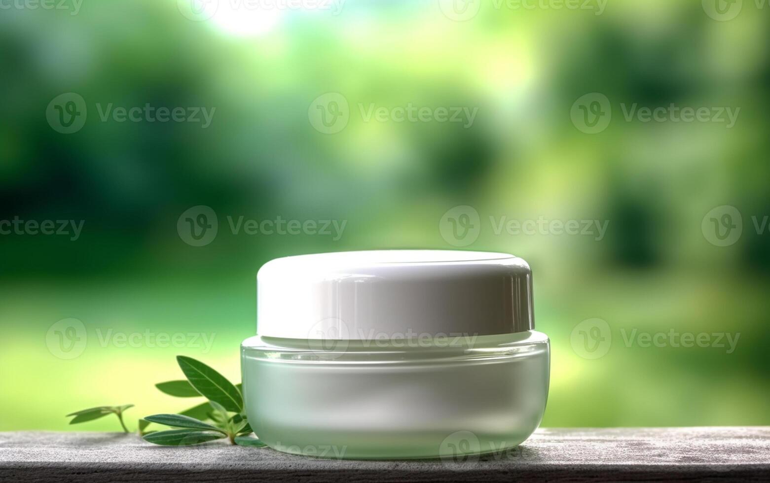 AI generated Photo luxury cream jar on the table behin natural green background