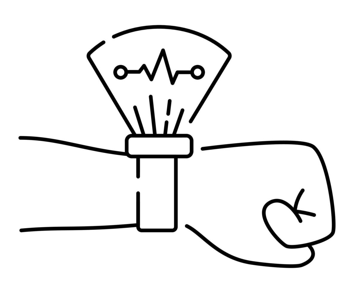 Vector isolated line icon. Human hand with a smart watch, fitness bracelet with a cardiogram symbol.